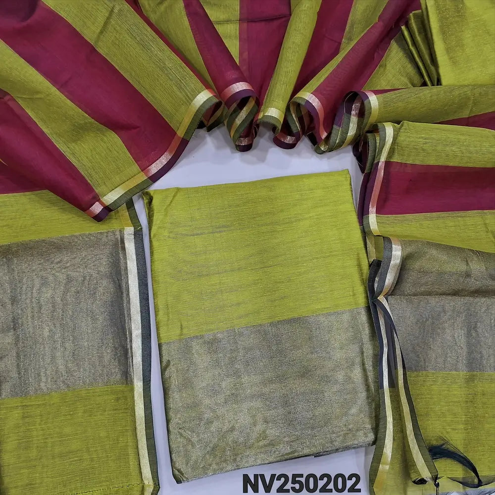 Greenish Yellow premium silk cotton unstitched salwar material tissue borders on daman,(soft, lining needed) matching silk cotton bottom, dual shade premium silk cotton dupatta tissue borders on pallu. NV250202