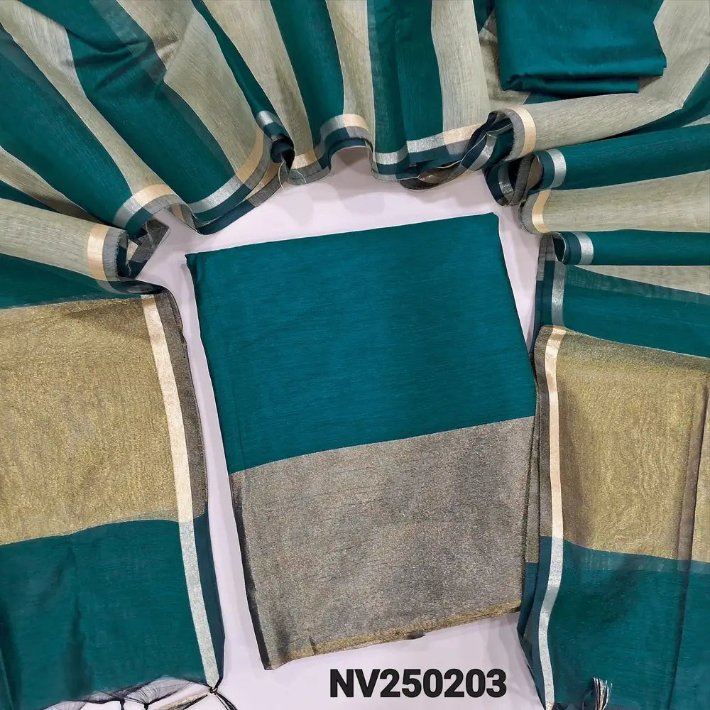 Teal Blue premium silk cotton unstitched salwar material tissue borders on daman,(soft, lining needed) matching silk cotton bottom, dual shade premium silk cotton dupatta tissue borders on pallu. NV250203
