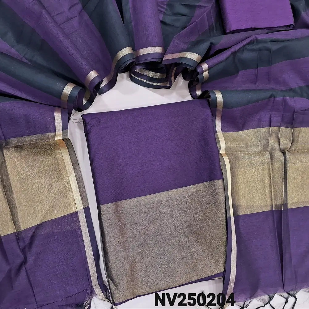 Dark Purple premium silk cotton unstitched salwar material tissue borders on daman,(soft, lining needed) matching silk cotton bottom, dual shade premium silk cotton dupatta tissue borders on pallu. NV250204
