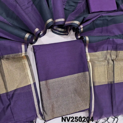 Dark Purple premium silk cotton unstitched salwar material tissue borders on daman,(soft, lining needed) matching silk cotton bottom, dual shade premium silk cotton dupatta tissue borders on pallu. NV250204