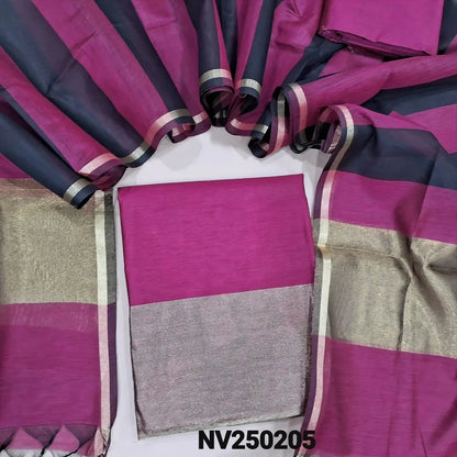 Bright Pink premium silk cotton unstitched salwar material tissue borders on daman,(soft, lining optional) matching silk cotton bottom, dual shade premium silk cotton dupatta tissue borders on pallu. NV250205