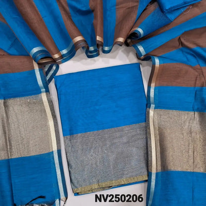 Bright turquoise Blue premium silk cotton unstitched salwar material tissue borders on daman,(soft, lining optional) matching silk cotton bottom, dual shade premium silk cotton dupatta tissue borders on pallu. NV250206