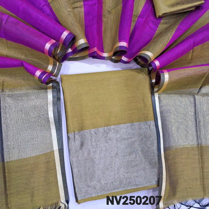 Mehandhi Green premium silk cotton unstitched salwar material tissue borders on daman,(soft, lining optional) matching silk cotton bottom, dual shade premium silk cotton dupatta tissue borders on pallu. NV250207