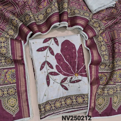 Designer half white premium silk cotton unstitched salwar material,(lining needed) V neck, maroon floral print, cut bead, zardozi work on daman, matching santoon bottom, bandhini printed silk cotton dupatta with lace tapings. NV250212