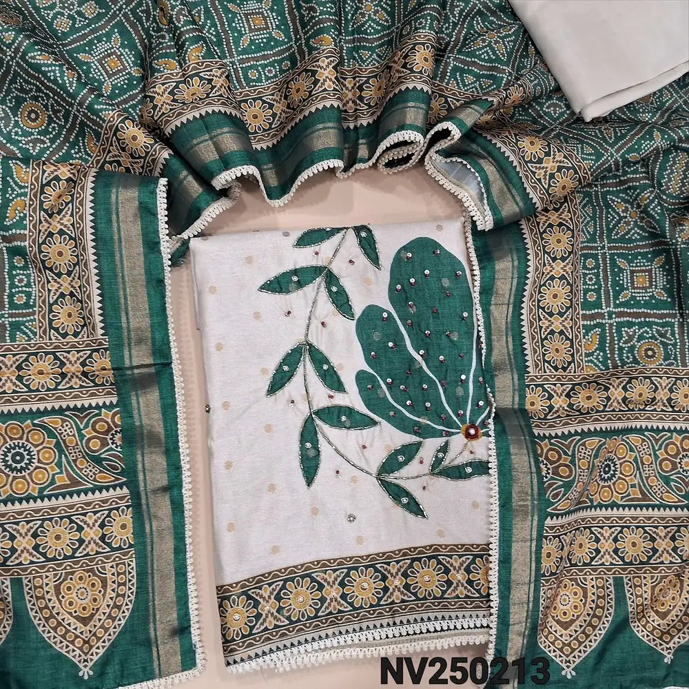 Designer half white premium silk cotton unstitched salwar material,(lining needed) V neck, teal green floral print, cut bead, zardozi work on daman, matching santoon bottom, bandhini printed silk cotton dupatta with lace tapings. NV250213