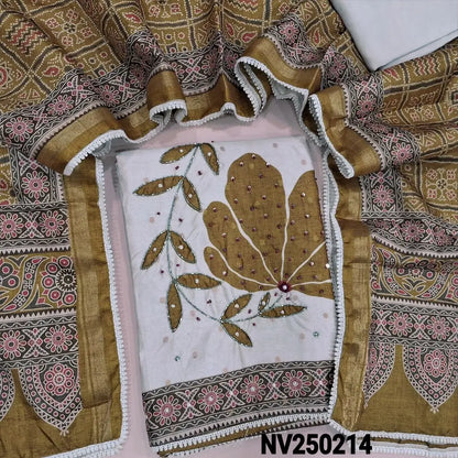 Designer half white premium silk cotton unstitched salwar material,(lining needed) V neck, mehandhi yellow floral print, cut bead, zardozi work on daman, matching santoon bottom, bandhini printed silk cotton dupatta with lace tapings. NV250214