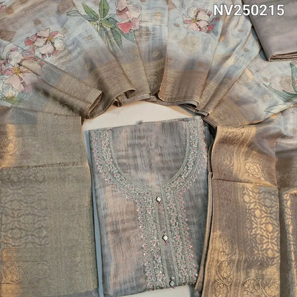 Designer golden Beige tissue silk unstitched salwar material,(silky, lining needed) zari embroidery work on yoke, matching silk cotton bottom, digital floral printed tissue silk dupatta with benarasi weaving pallu & borders. NV250215