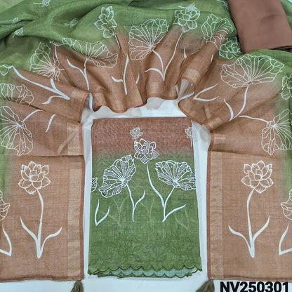 Designer Brown premium tissue silk cotton unstitched salwar material (lining needed) green floral cut work on daman, simple yoke, matching spun cotton bottom, floral printed tissue silk cotton dupatta. NV250301