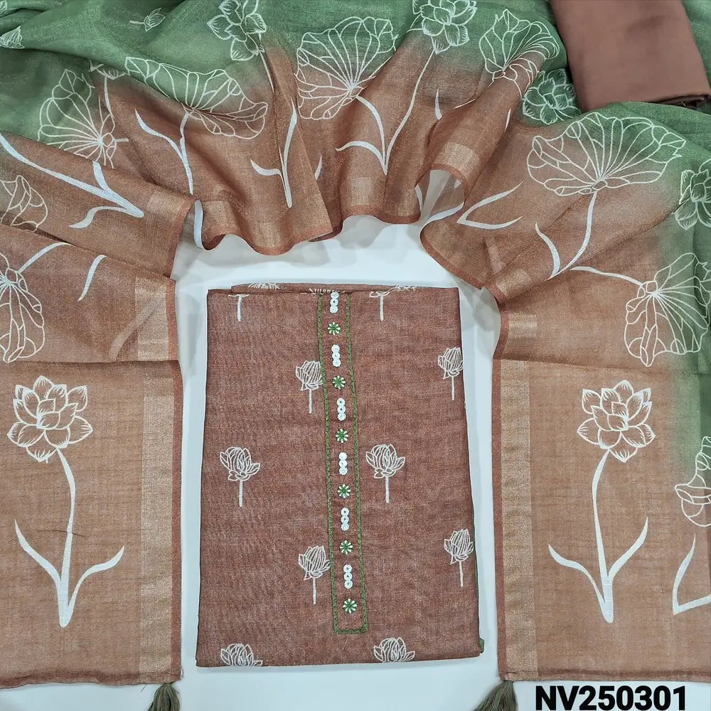 Designer Brown premium tissue silk cotton unstitched salwar material (lining needed) green floral cut work on daman, simple yoke, matching spun cotton bottom, floral printed tissue silk cotton dupatta. NV250301