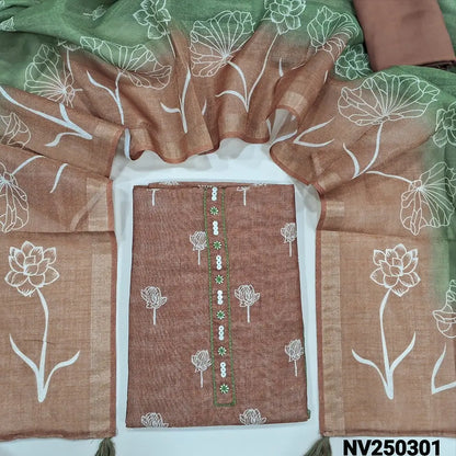 Designer Brown premium tissue silk cotton unstitched salwar material (lining needed) green floral cut work on daman, simple yoke, matching spun cotton bottom, floral printed tissue silk cotton dupatta. NV250301