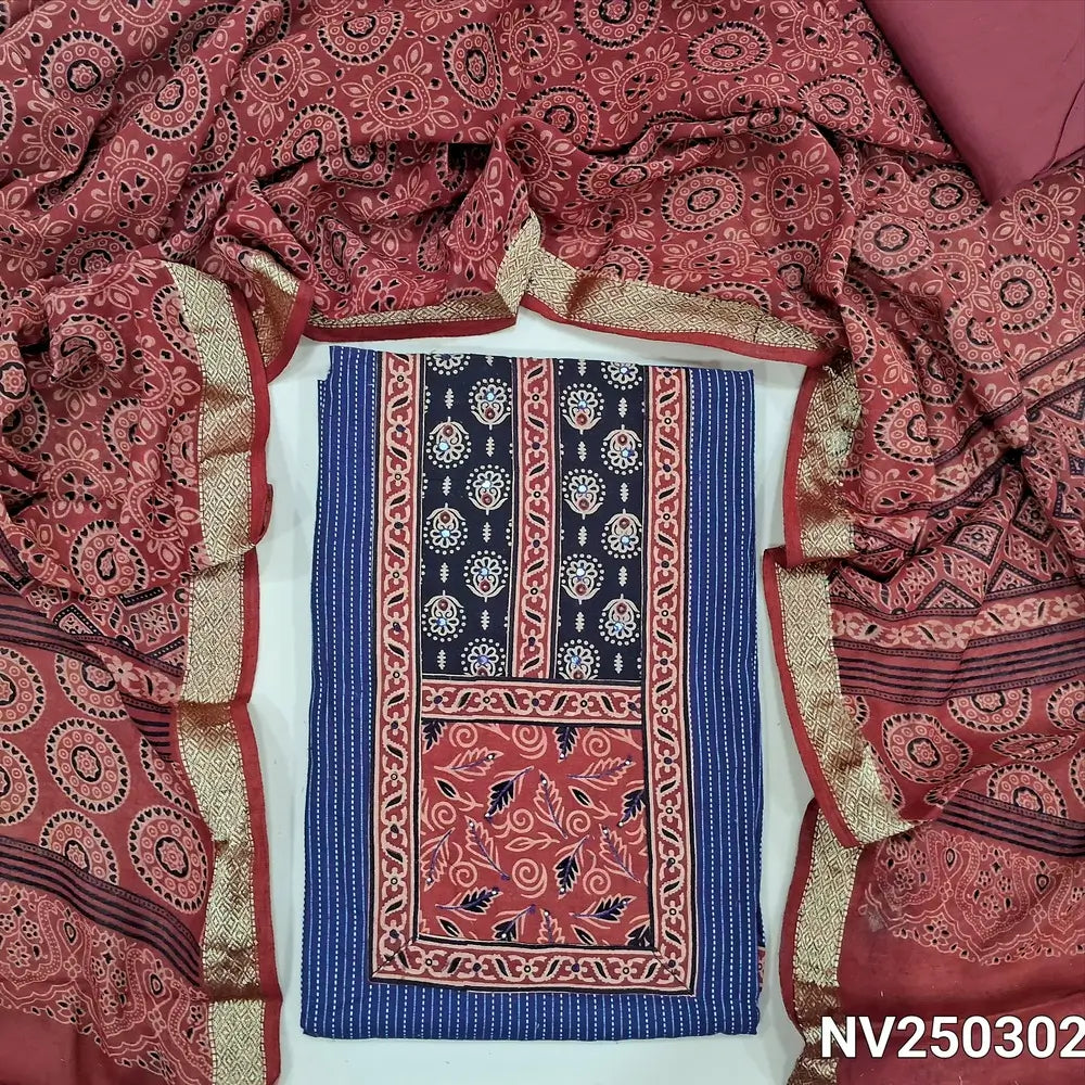 Dark Blue cotton unstitched salwar material (lining optional) kantha stitch on front, ajrak  patch work on yoke, maroon cotton bottom, ajrak printed cotton dupatta. NV250302