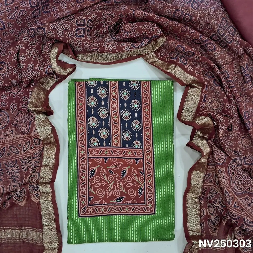 Green cotton unstitched salwar material (lining optional) kantha stitch on front, ajrak  patch work on yoke, maroon cotton bottom, ajrak printed cotton dupatta. NV250303