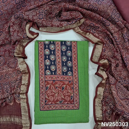 Green cotton unstitched salwar material (lining optional) kantha stitch on front, ajrak  patch work on yoke, maroon cotton bottom, ajrak printed cotton dupatta. NV250303