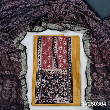 mehandhi yellow cotton unstitched salwar material (lining optional) kantha stitch on front, ajrak  patch work on yoke, black cotton bottom, ajrak printed cotton dupatta. NV250305