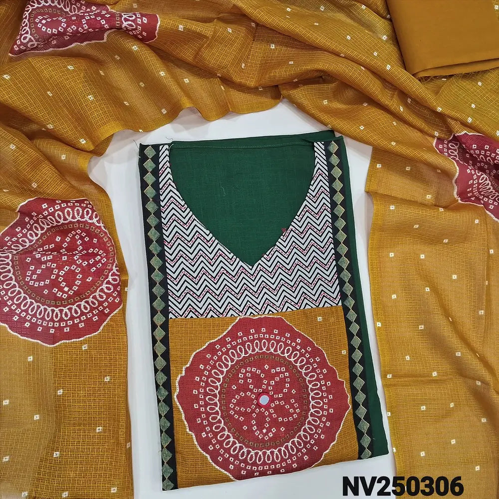 Premium dark Green pure slub cotton unstitched salwar material, real mirror, printed patch  work on yoke (lining needed)mahandhi yellow cotton bottom, printed fancy kota silk cotton dupatta. NV250306
