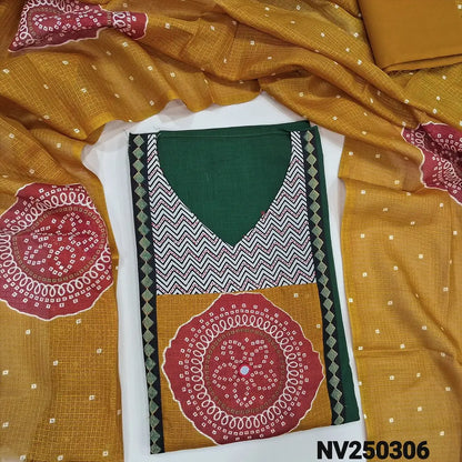 Premium dark Green pure slub cotton unstitched salwar material, real mirror, printed patch  work on yoke (lining needed)mahandhi yellow cotton bottom, printed fancy kota silk cotton dupatta. NV250306