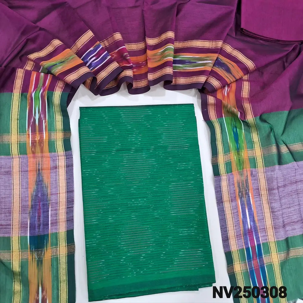 Emerald Green silk cotton unstitched salwar material, thread woven design on allover(lining needed) rani pink silk cotton bottom, dual shaded silk cotton dupatta. NV250309