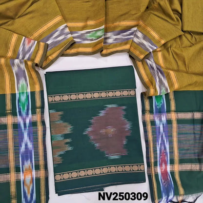 Dark Green silk cotton unstitched salwar material, thread woven design on daman (lining needed) mehandhi green silk cotton bottom, dual shaded silk cotton dupatta. NV250308