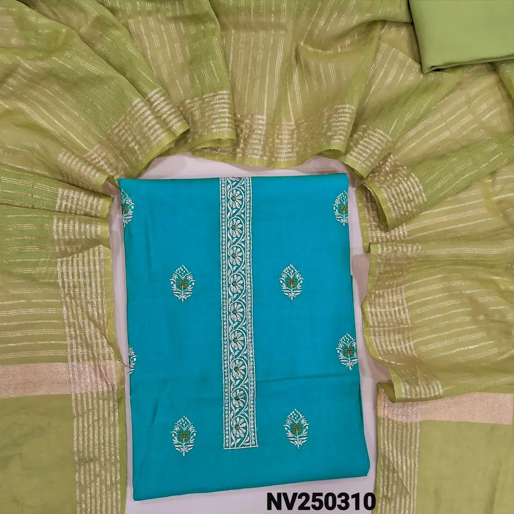 Blue premium silk cotton unstitched salwar material,(thin, lining needed) zari , thread woven design on front, pastel green silk cotton bottom, zari lines on silk cotton dupatta. NV250310