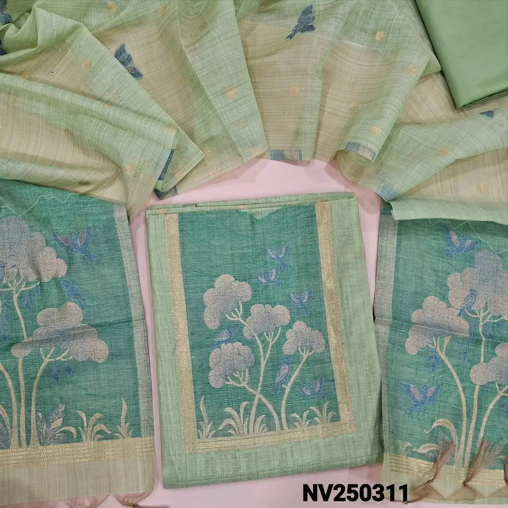 Pastel Green jamdani woven silk cotton unstitched salwar material,(thin, lining needed) jamdani woven design on front, daman, zari butta allover, matching silky bottom,  jamdani woven silk cotton dupatta with tassels. NV250311