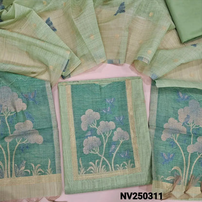 Pastel Green jamdani woven silk cotton unstitched salwar material,(thin, lining needed) jamdani woven design on front, daman, zari butta allover, matching silky bottom,  jamdani woven silk cotton dupatta with tassels. NV250311
