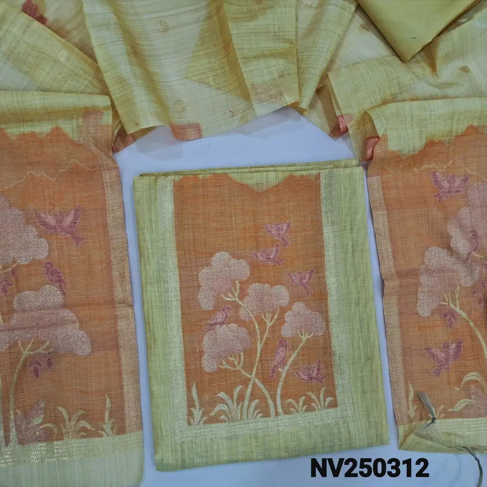Pastel Yellow jamdani woven silk cotton unstitched salwar material,(thin, lining needed) jamdani woven design on front, daman, zari butta allover, matching silky bottom,  jamdani woven silk cotton dupatta with tassels. NV250312