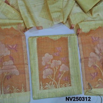 Pastel Yellow jamdani woven silk cotton unstitched salwar material,(thin, lining needed) jamdani woven design on front, daman, zari butta allover, matching silky bottom,  jamdani woven silk cotton dupatta with tassels. NV250312