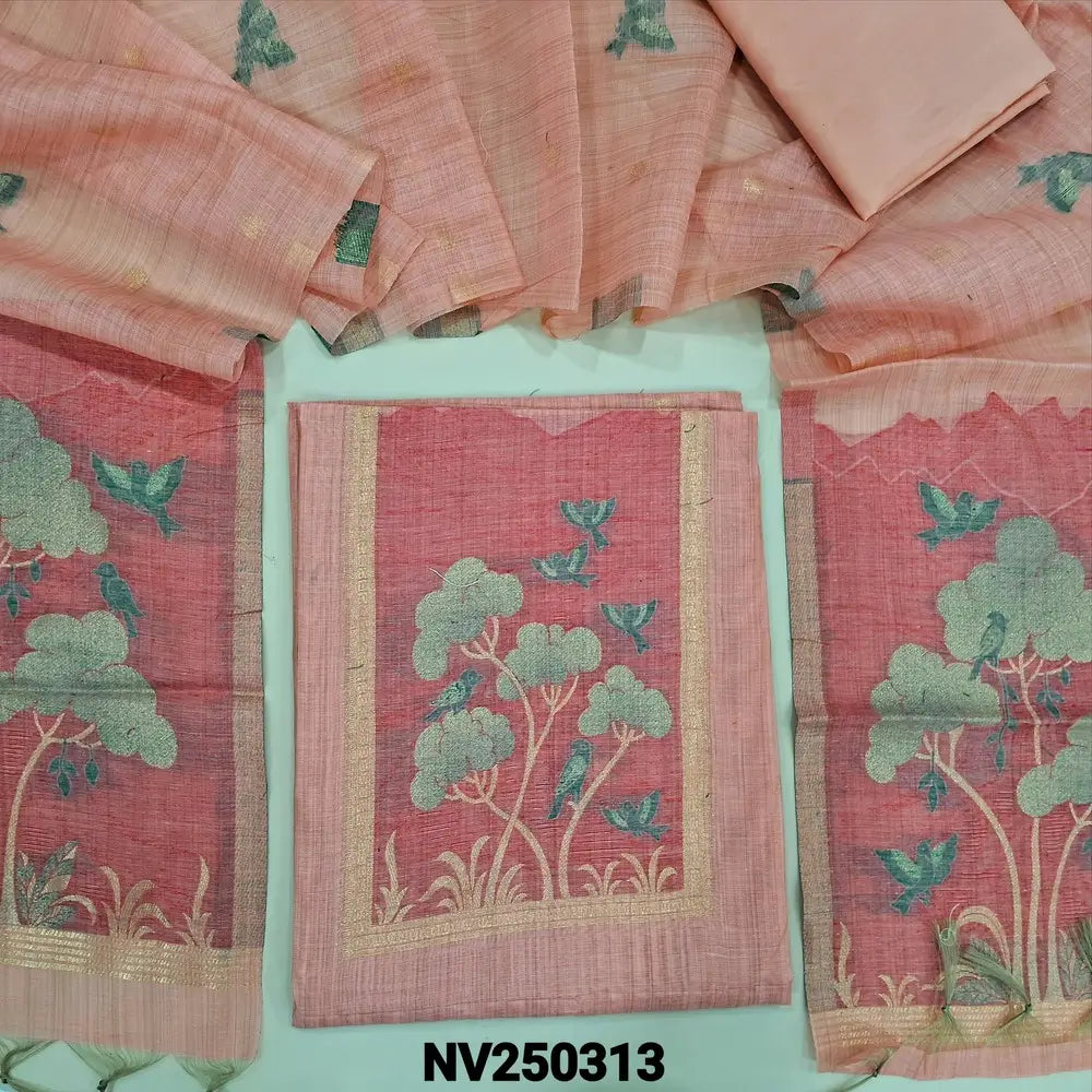 Pastel pink jamdani woven silk cotton unstitched salwar material,(thin, lining needed) jamdani woven design on front, daman, zari butta allover, matching silky bottom,  jamdani woven silk cotton dupatta with tassels. NV250313