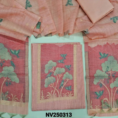 Pastel pink jamdani woven silk cotton unstitched salwar material,(thin, lining needed) jamdani woven design on front, daman, zari butta allover, matching silky bottom,  jamdani woven silk cotton dupatta with tassels. NV250313