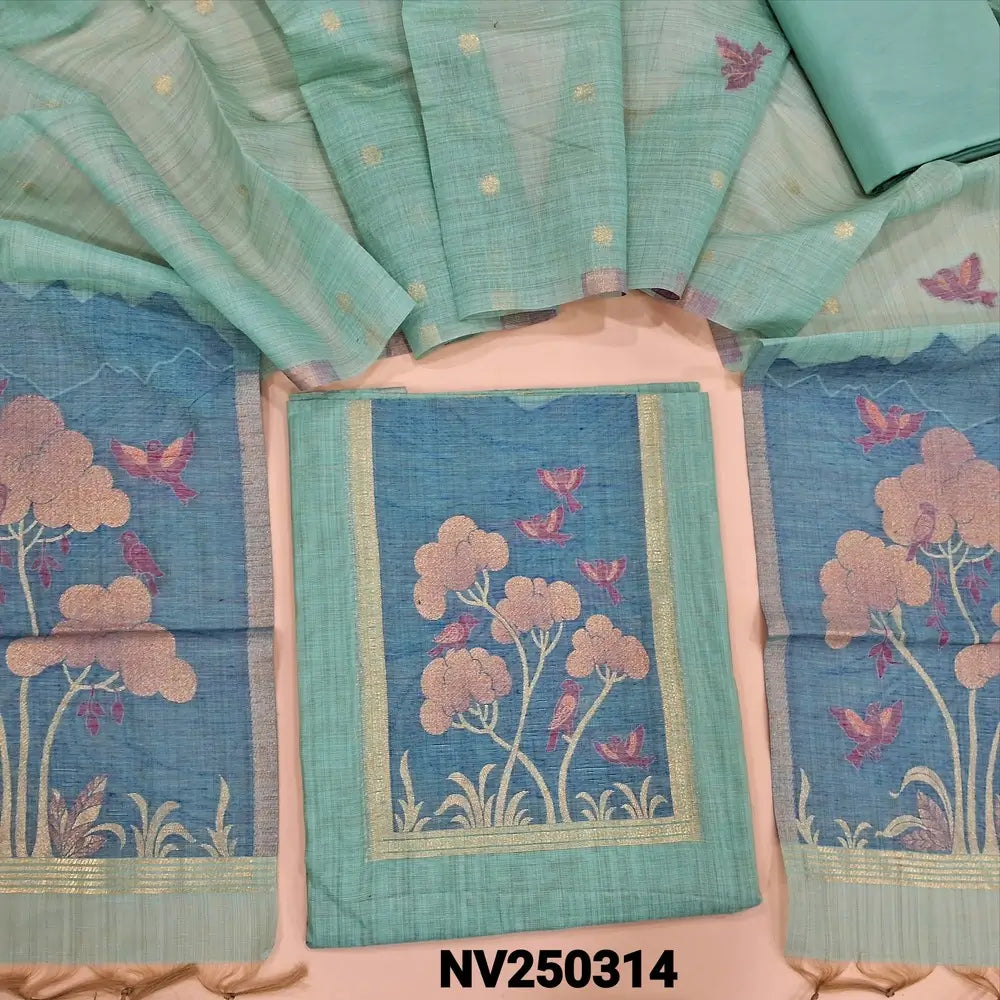 Pastel Blue jamdani woven silk cotton unstitched salwar material,(thin, lining needed) jamdani woven design on front, daman, zari butta allover, matching silky bottom,  jamdani woven silk cotton dupatta with tassels. NV250314