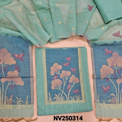 Pastel Blue jamdani woven silk cotton unstitched salwar material,(thin, lining needed) jamdani woven design on front, daman, zari butta allover, matching silky bottom,  jamdani woven silk cotton dupatta with tassels. NV250314