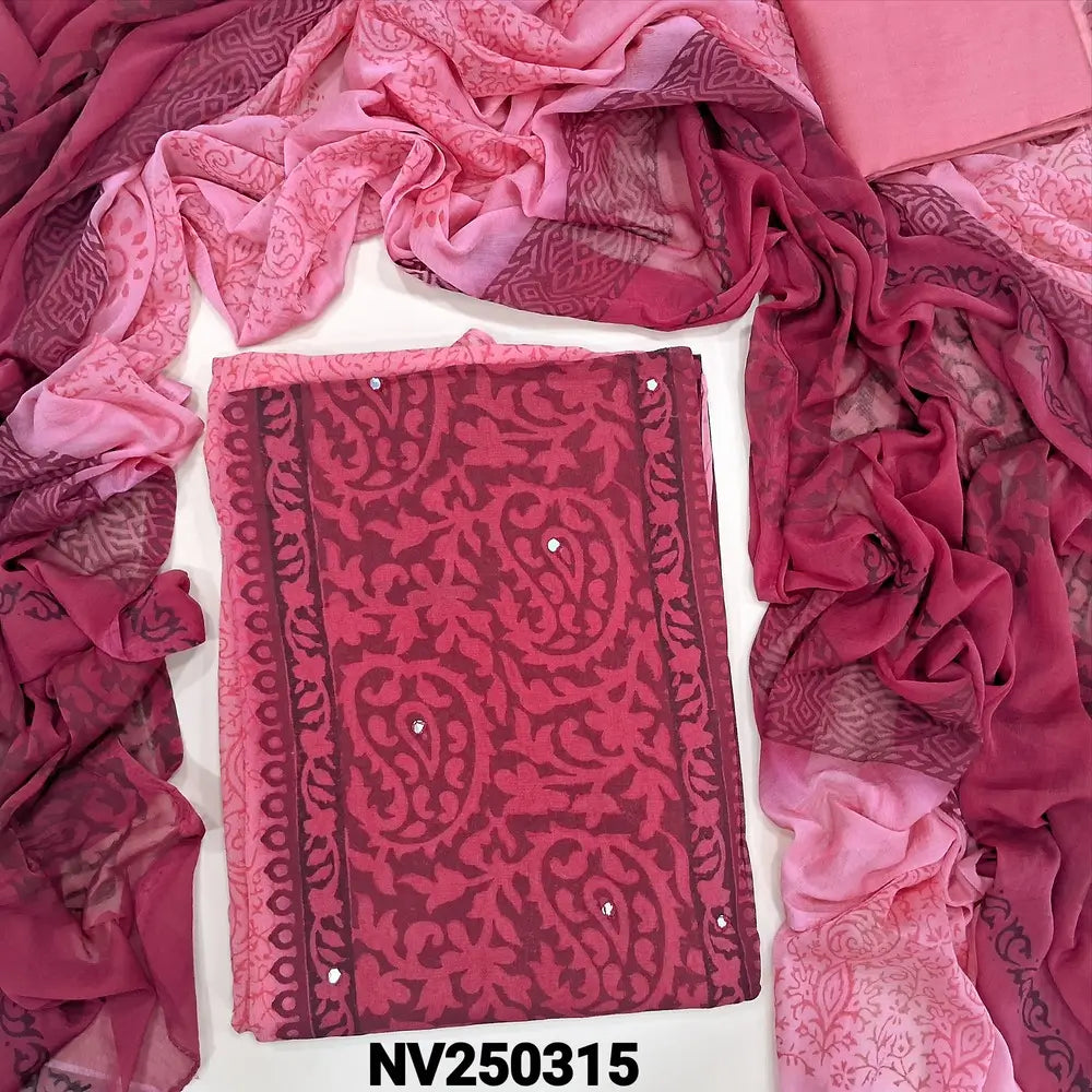 Pink & maroon block printed semi georgette unstitched salwar material,(flowy, lining needed) faux mirror work on front, silk cotton bottom, block printed dual shaded fancy chiffon dupatta. NV250315