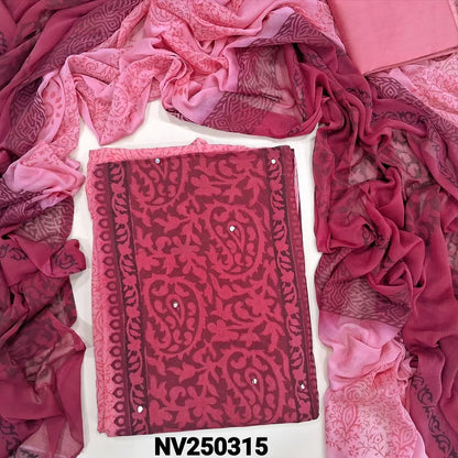 Pink & maroon block printed semi georgette unstitched salwar material,(flowy, lining needed) faux mirror work on front, silk cotton bottom, block printed dual shaded fancy chiffon dupatta. NV250315