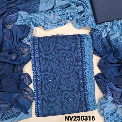 Light blue & dark blue block printed semi georgette unstitched salwar material,(flowy, lining needed) faux mirror work on front, silk cotton bottom, block printed dual shaded fancy chiffon dupatta. NV250316