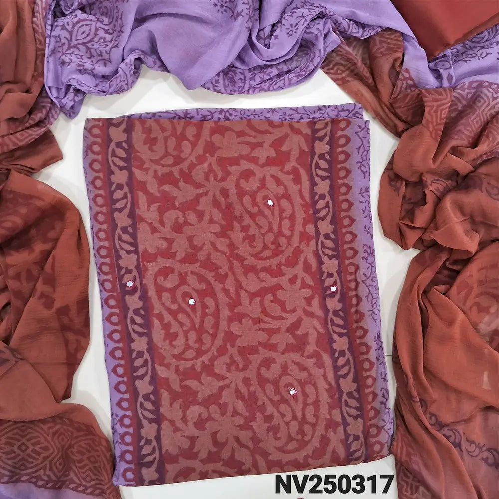 Mauve & brown block printed semi georgette unstitched salwar material,(flowy, lining needed) faux mirror work on front, silk cotton bottom, block printed dual shaded fancy chiffon dupatta. NV250317
