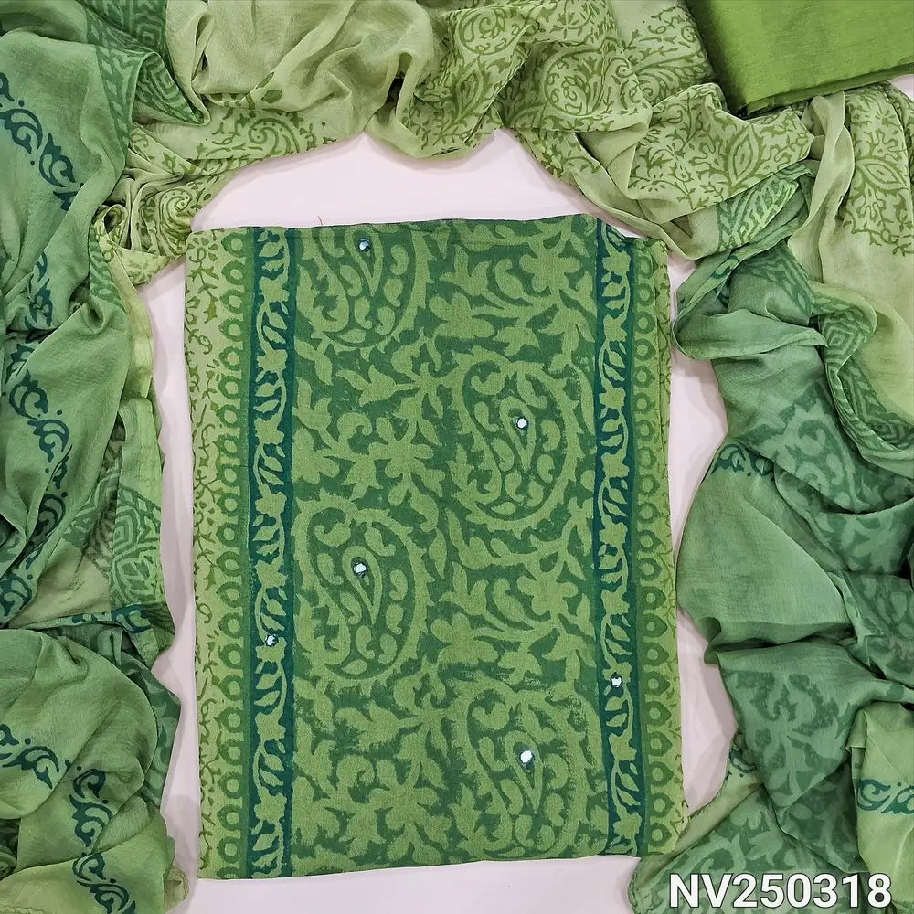 Light Green & dark green block printed semi georgette unstitched salwar material,(flowy, lining needed) faux mirror work on front, silk cotton bottom, block printed dual shaded fancy chiffon dupatta. NV250318