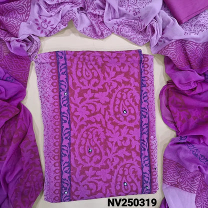 Light pink & dark pink block printed semi georgette unstitched salwar material,(flowy, lining needed) faux mirror work on front, silk cotton bottom, block printed dual shaded fancy chiffon dupatta. NV250319