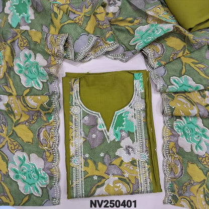Designer mossy Green premium silk cotton unstitched salwar material (lining needed) printed patch, sequins work on yoke, matching silk cotton bottom, floral printed silk cotton dupatta with sequins scalped borders. NV250401