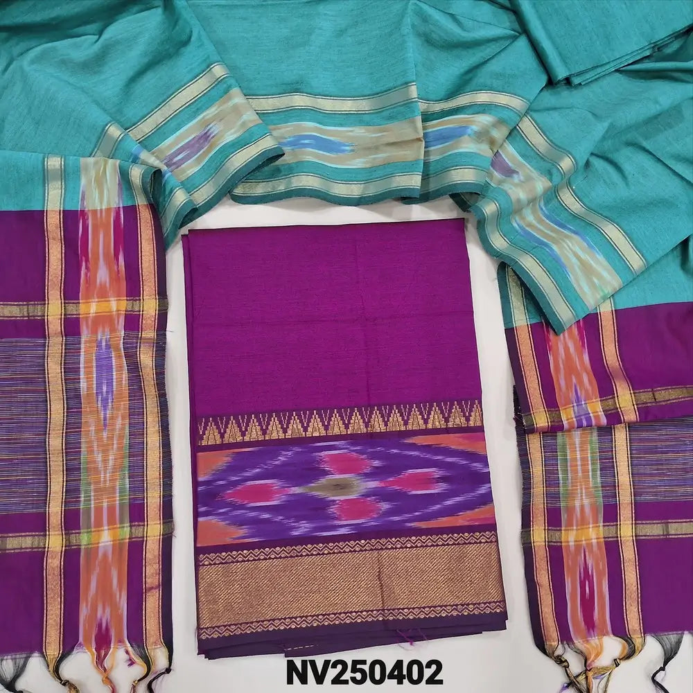 Rani Pink silk cotton unstitched salwar material, thread woven design on daman(lining needed) pastel blue silk cotton bottom, dual shaded silk cotton dupatta with ikat woven borders & tassels. NV250402