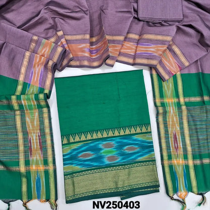 Bottle Green silk cotton unstitched salwar material, thread woven design on daman(lining needed) light mauve silk cotton bottom, dual shaded silk cotton dupatta with ikat woven borders & tassels. NV250403