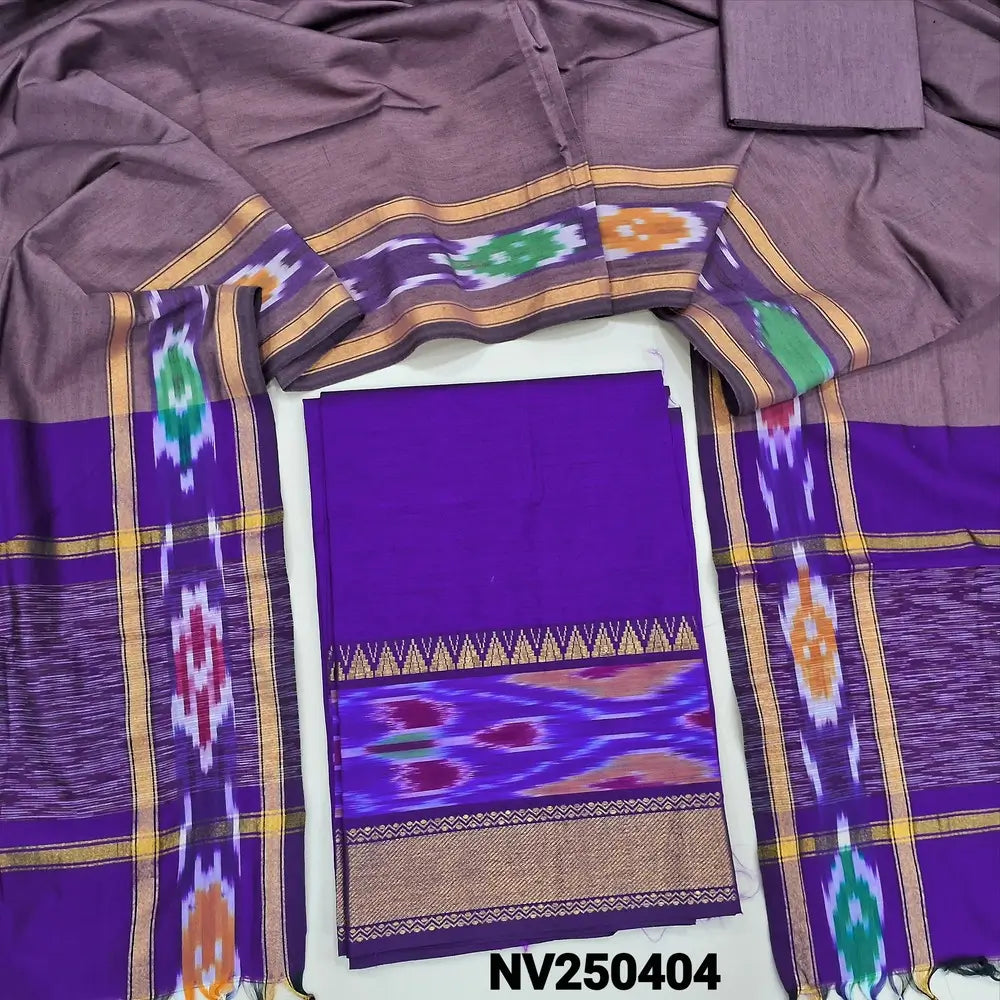 Violet silk cotton unstitched salwar material, thread woven design on daman(lining needed) onion pink silk cotton bottom, dual shaded silk cotton dupatta with ikat woven borders & tassels. NV250404