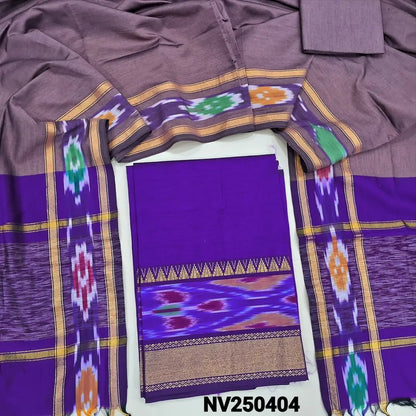 Violet silk cotton unstitched salwar material, thread woven design on daman(lining needed) onion pink silk cotton bottom, dual shaded silk cotton dupatta with ikat woven borders & tassels. NV250404