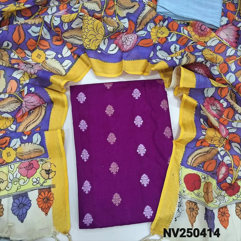 Purple premium raw silk unstitched salwar material (textured, Lining Needed) thread woven buttas allover, silver grey silk cotton bottom, original pen kalamkari silk dupatta with zari borders. NV250414