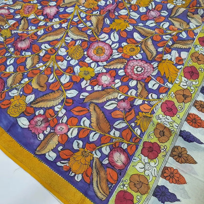 Purple premium raw silk unstitched salwar material (textured, Lining Needed) thread woven buttas allover, silver grey silk cotton bottom, original pen kalamkari silk dupatta with zari borders. NV250414