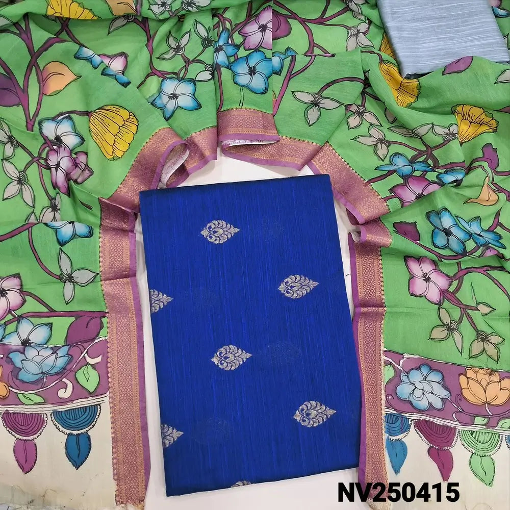 Royal Blue premium raw silk unstitched salwar material (textured, Lining Needed) thread woven buttas allover, silver grey silk cotton bottom, original pen kalamkari silk dupatta with zari borders. NV250415