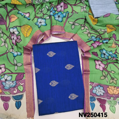Royal Blue premium raw silk unstitched salwar material (textured, Lining Needed) thread woven buttas allover, silver grey silk cotton bottom, original pen kalamkari silk dupatta with zari borders. NV250415
