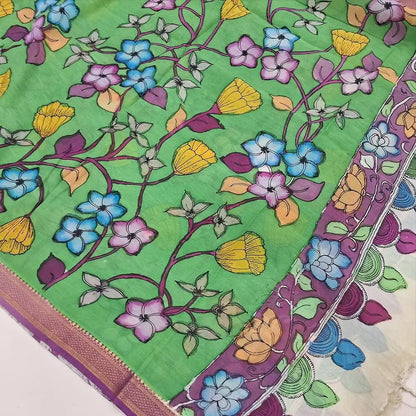 Royal Blue premium raw silk unstitched salwar material (textured, Lining Needed) thread woven buttas allover, silver grey silk cotton bottom, original pen kalamkari silk dupatta with zari borders. NV250415