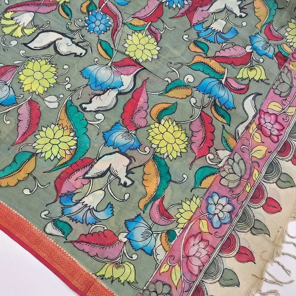 Maroon premium raw silk unstitched salwar material (textured, Lining Needed) thread woven buttas allover, silver grey silk cotton bottom, original pen kalamkari silk dupatta with zari borders. NV250416