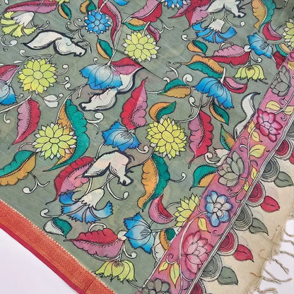 Maroon premium raw silk unstitched salwar material (textured, Lining Needed) thread woven buttas allover, silver grey silk cotton bottom, original pen kalamkari silk dupatta with zari borders. NV250416