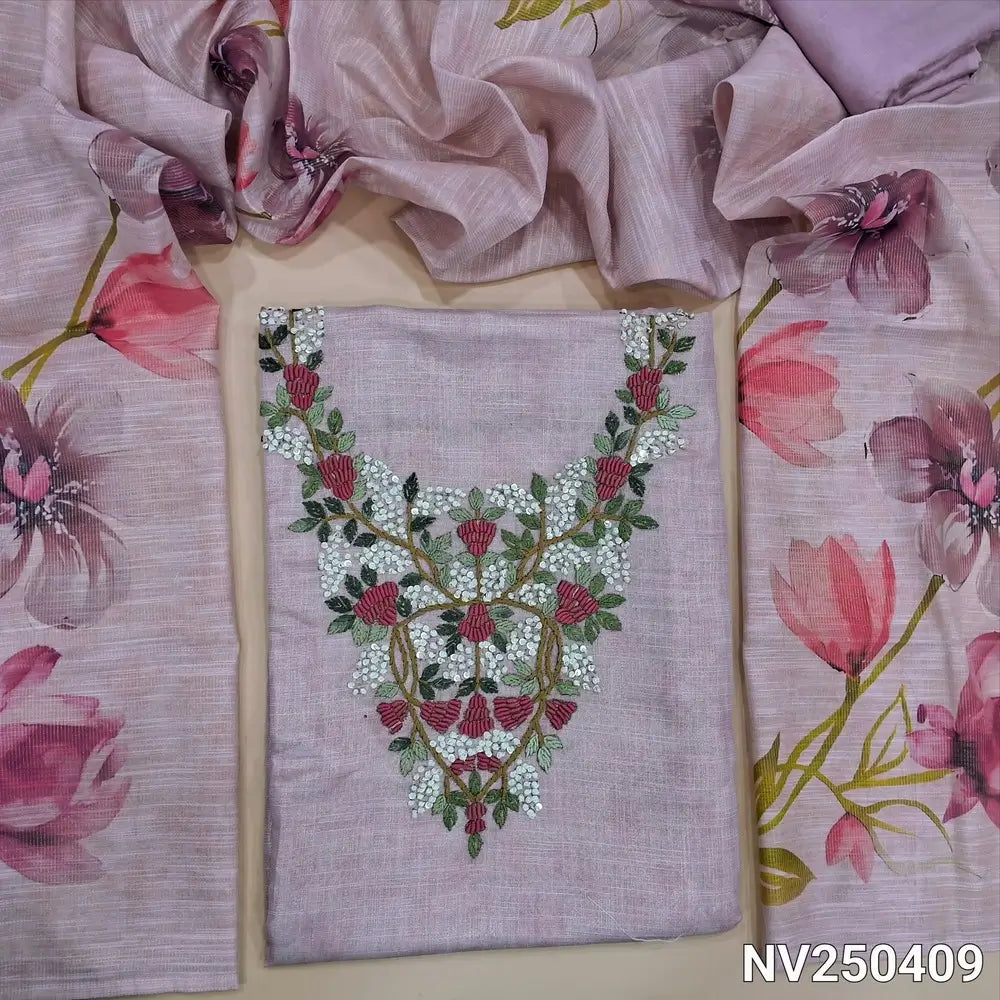 Designer pastel Pink & silver tint tissue silk cotton unstitched salwar material (lining needed) embroidery work on yoke, matching santoon bottom, digital floral printed tissue silk cotton dupatta. NV250409
